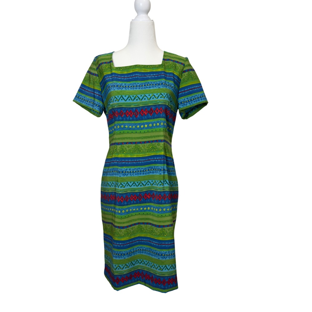 Vintage Sag Harbor Dress Green Blue Geometric Stripe Square Neck Sheath Size‎ 8